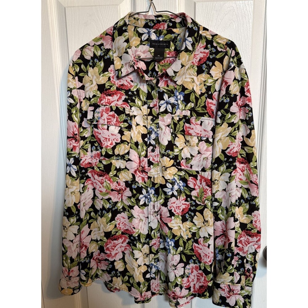 Investments Blouse Women Sz XL Floral Cuff Roll Tab Sleeves Pink Green Yellow